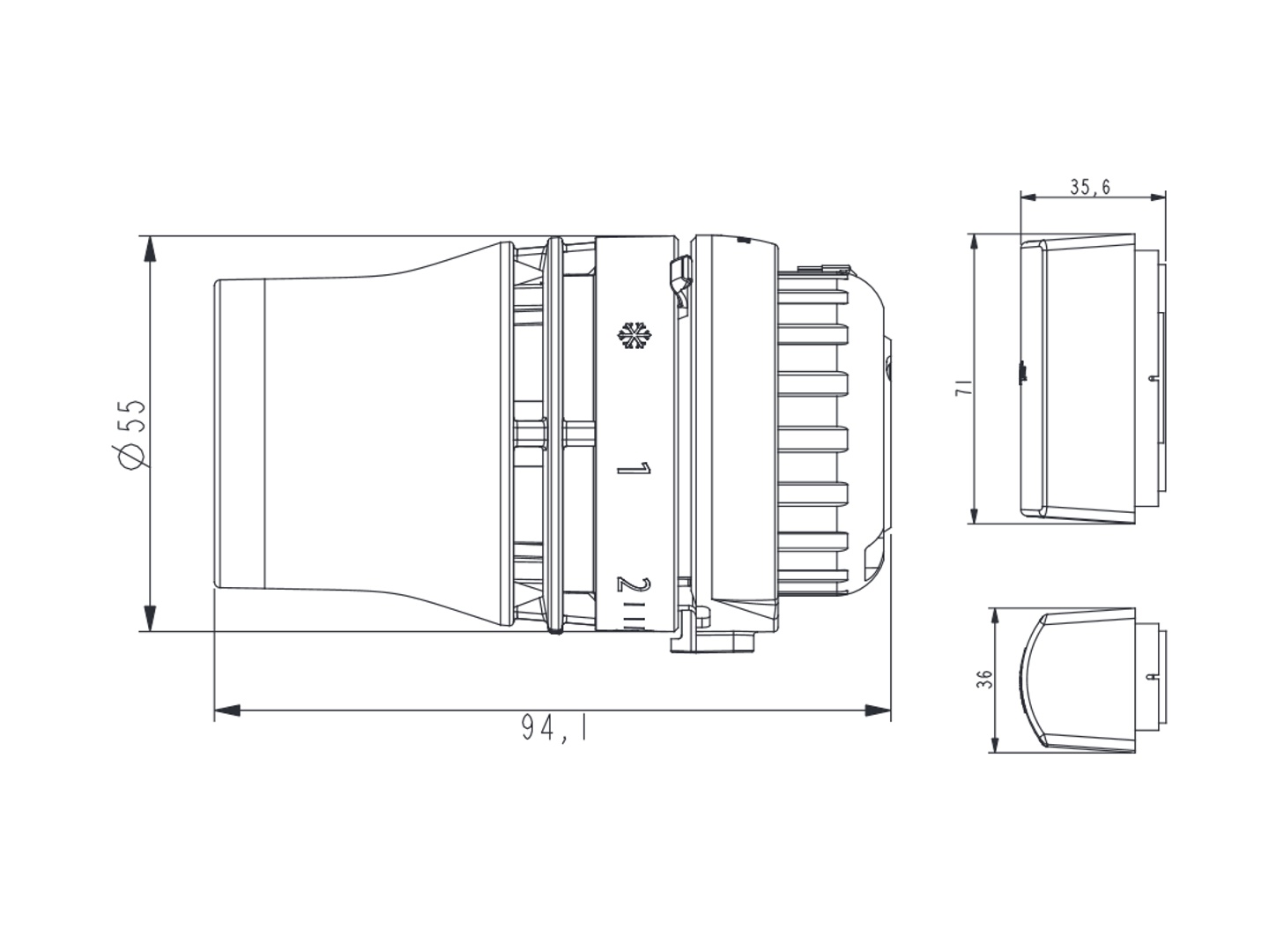 Danfoss Redia termostatická hlavice - rozměry