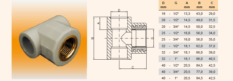 PPR T-kus se závitem - rozměry