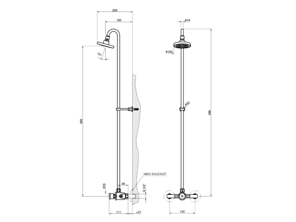 MCM nástěnná sprchová směšovací baterie - rozměry