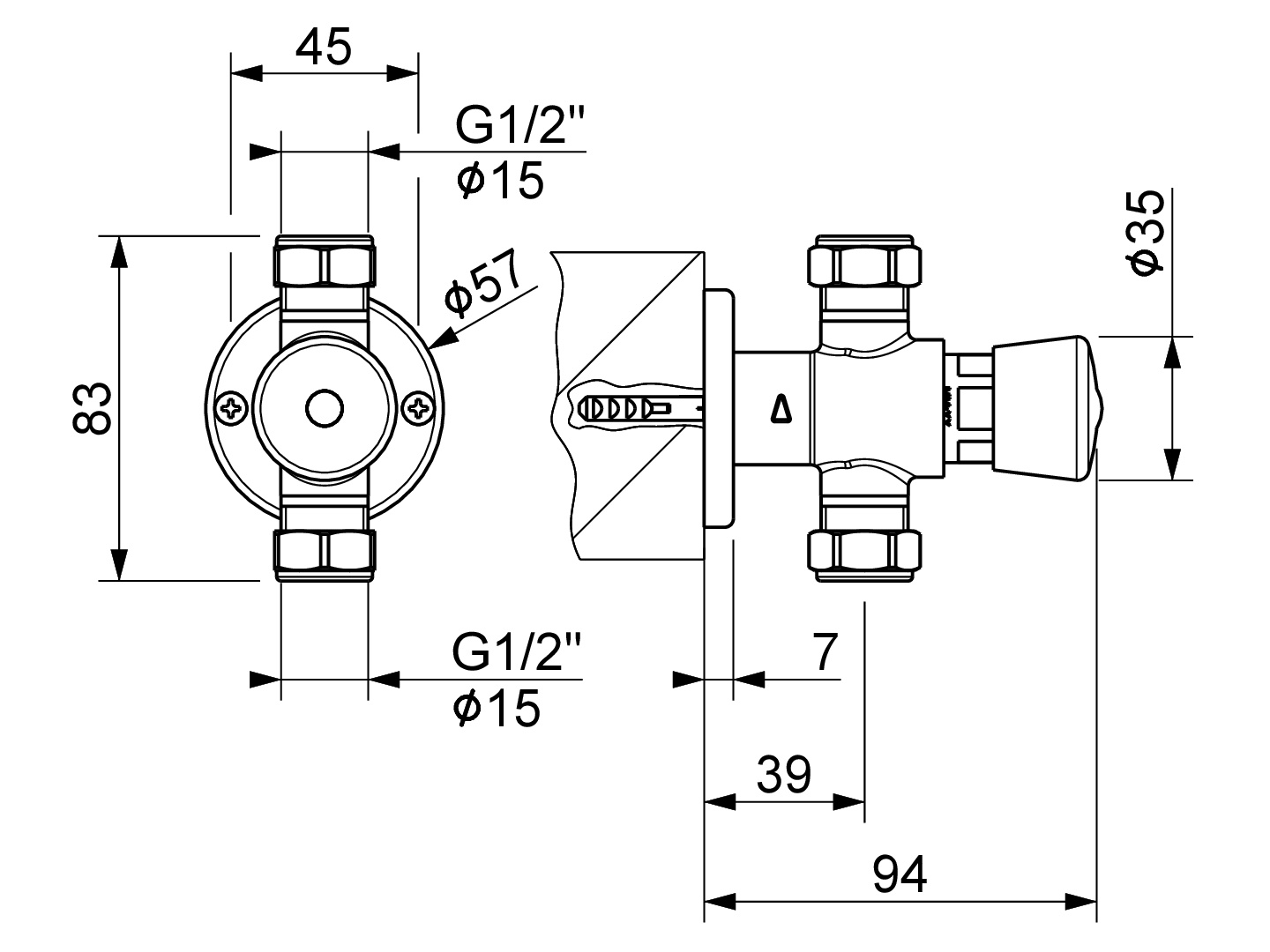 MCM nástěnný sprchový ventil MCM.9006 - rozměry