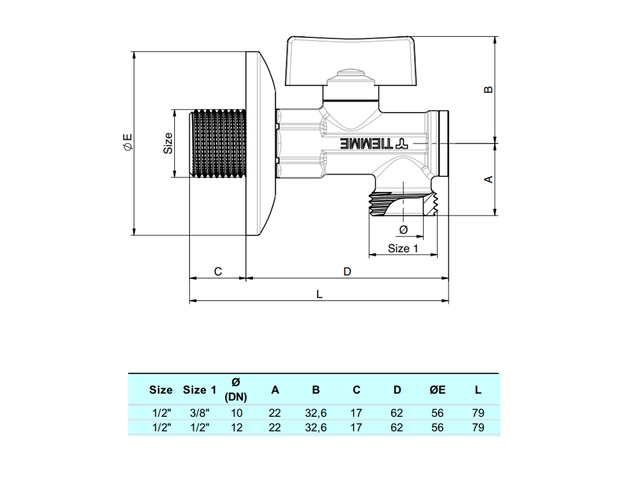 Rozměry kulového rohového ventilu TIEMME